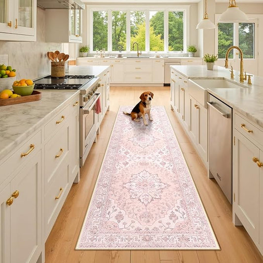 Area Rugs 2'6''x8' Washable Non-Slip, Floral Vintage Distress Print Pattern Medallion Carpet for Living Room Bedroom Dining Room, Pink Greypink Cute