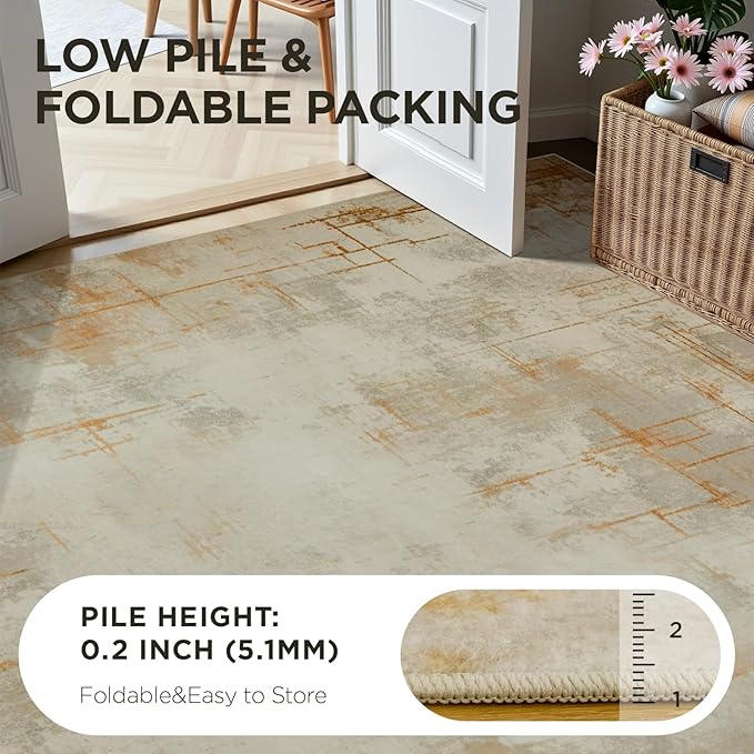 Joydeco 2x6 Runner Rug for Hallway, Modern Abstract Non-Slip Soft Washable Rugs, Low Pile Carpet for Entryway, Kitchen, Bedroom, Laundry, Light Brown & White & Beige