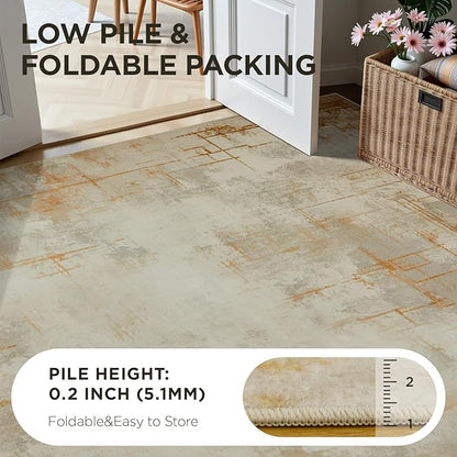 Joydeco 2x6 Runner Rug for Hallway, Modern Abstract Non-Slip Soft Washable Rugs, Low Pile Carpet for Entryway, Kitchen, Bedroom, Laundry, Light Brown & White & Beige