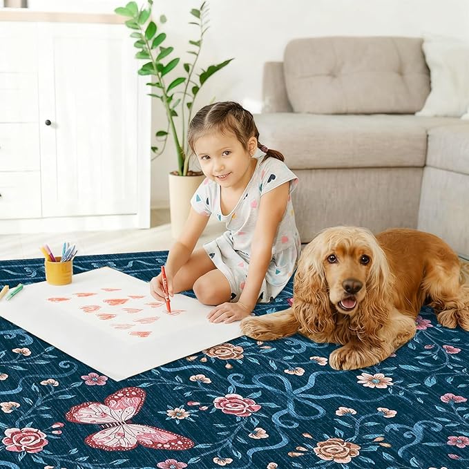 GarveeHome Washable Runner Rug 2x6 Non Slip Hallway Runners Stain Resistant Low Pile Floral Runner Rugs for Kitchen Soft Long Entryway Runner Rugs Blue Boho Throw Carpet for Bedroom Nursery, 2x6