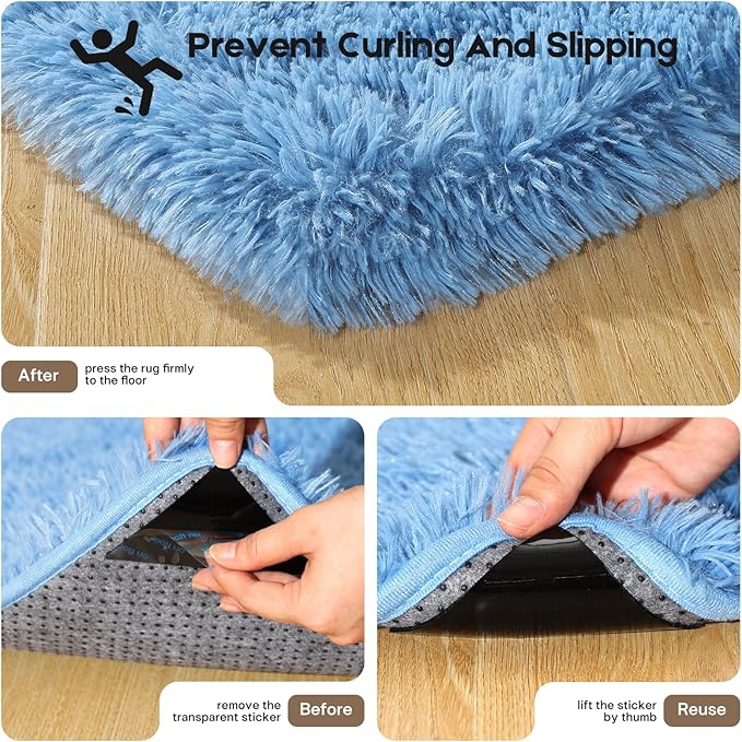 3x5 Blue Rugs for Bedroom Living Room, Fluffy Small Area Rug Soft Shag Carpet for Kids Boys and Girls Room with 4 Rugs Non-Slip Stickers Dorm Home Decor (3ft x 5ft)