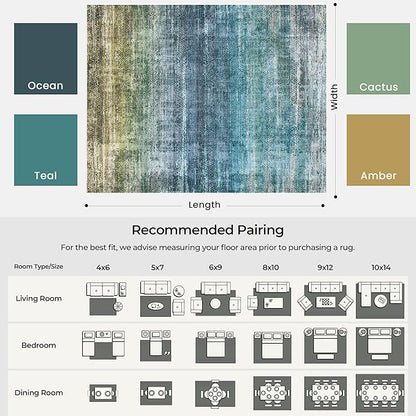Kokia Abstract Area Rugs 6x9 Boho Washable Distressed Retro Indoor Floor Rug Multicolor Low Pile Non-Slip Non-Shedding Blue Carpet Bedroom Living Room Dining Room, Oslo Teal