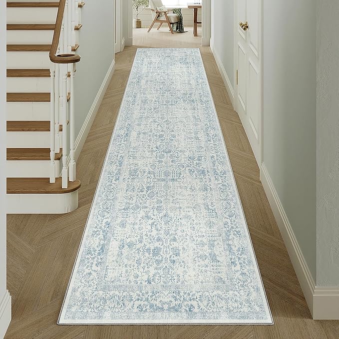 Blue Runner Rug 3x10 Hallway Machine Washable Kitchen Vintage Distressed Non Slip Long Carpet Indoor Retro Floral Bedroom Accent Throw Rug for Bathroom Office Laundry Dining Room
