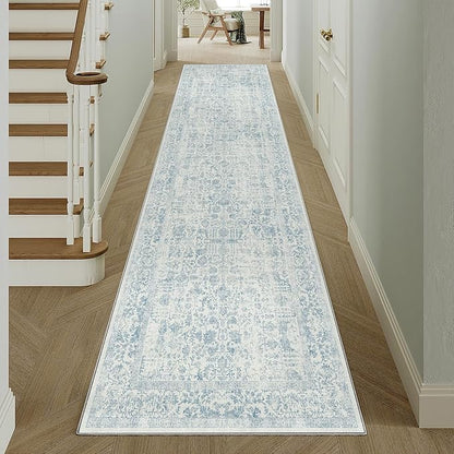 Blue Runner Rug 2x10 Hallway Machine Washable Kitchen Vintage Distressed Non Slip Long Carpet Indoor Retro Floral Bedroom Accent Throw Rug for Bathroom Office Laundry Dining Room