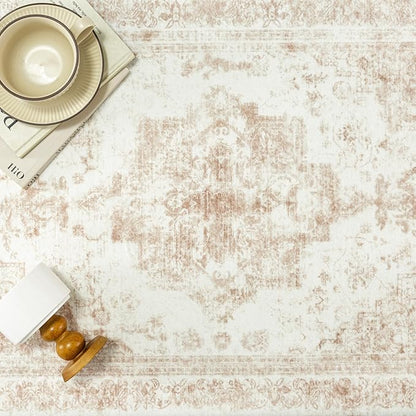 Area Rug 10x14 Cream Washable Living Room Beige Carpet Non Slip Vintage Medallion Indoor Bedroom Beige Carpet Low Pile Soft Retro Distressed Large Rug Home Office Dining Room Playroom