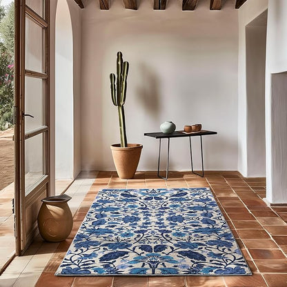 EVERGRACE Area Rugs for Living Room 3x5, Boho Floral Faux Wool Indoor Outdoor Rugs, Washable Rugs for Bedroom Entryway Dining Room Hallyway, Low Pile Floor Mat Carpet for Home Decor, Celtic Blue