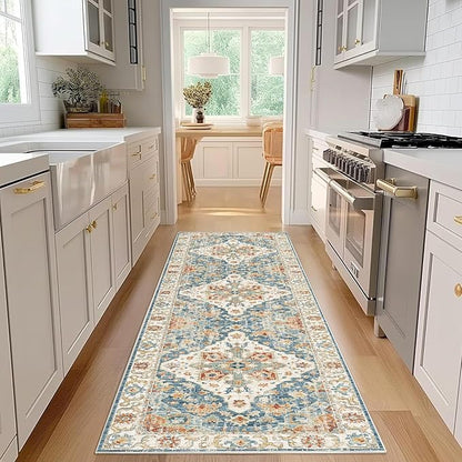 Enkor Runner Rugs for Hallway, 2.6x8 Washable Soft Non Slip Floor Rugs for Kitchen, Modern Mat for Living Room Bedroom Entryway Orange & Blue