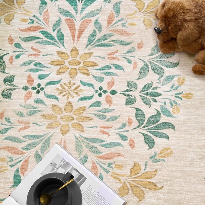 jinchan Round Rug 7ft Area Rug Vintage Floral Distressed Design Machine Washable Soft Non-Slip Low-Pile Ultra-Thin Circle Rug for Living Room Dining Room Bedroom Home Office (7' Round, Apricot Multi)