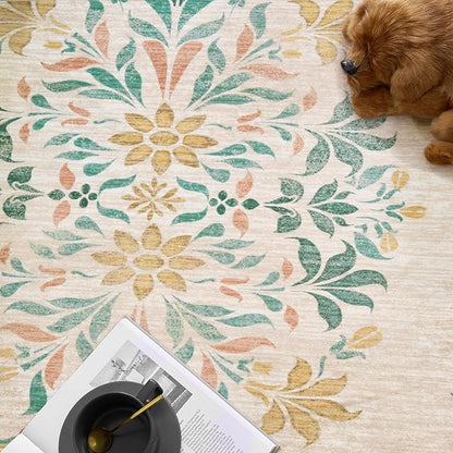 jinchan Round Rug 4ft Area Rug Vintage Floral Distressed Design Machine Washable Soft Non-Slip Low-Pile Ultra-Thin Circle Rug for Entryway Bedside Living Room Kitchen Nursery (4' Round, Apricot Multi)
