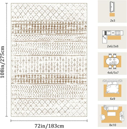 6x9 Machine Washable Area Rug for Living Room, Brown White Vintage Moroccan Rug Large Non-Slip Low Pile Soft Faux Wool Carpet, Kids and Pets Friendly for Bedroom Dining Room Farmhouse Home Decor Rug