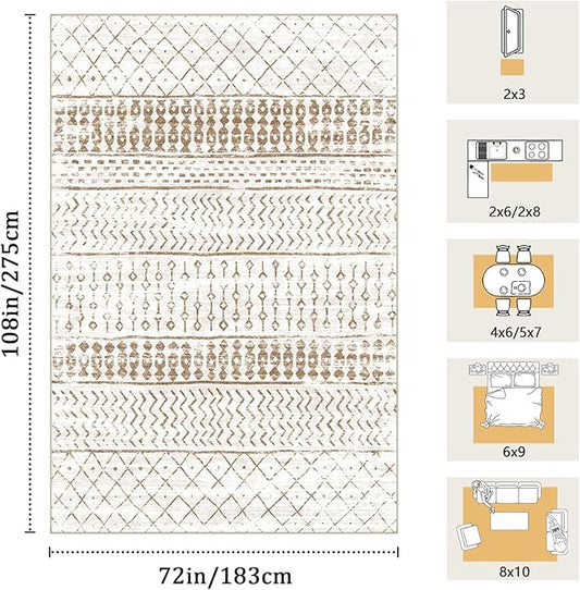 6x9 Machine Washable Area Rug for Living Room, Brown White Vintage Moroccan Rug Large Non-Slip Low Pile Soft Faux Wool Carpet, Kids and Pets Friendly for Bedroom Dining Room Farmhouse Home Decor Rug