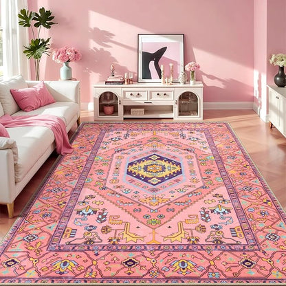 SERISSA Washable Rugs 8x10 Area Rugs, Large Non-Slip Boho Living Room Rug, Ultra Soft Cute Pastel Aesthetic Fuchsia Pink Carpet for Baby Girls Bedroom Kids Playroom Nursery Dining Room Dorm Decor