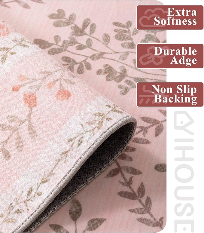 YIHOUSE 8x10 Washable Rug for Living Room, Pink Floral Rugs for Bedroom Boho Area Rug Non Slip Ultra-Thin Large Rug for Kids Playroom, Classroom, Girls Dorm, Nursery, Pink Multi