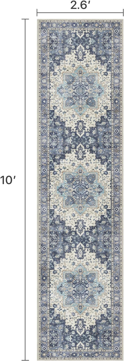 2'6''x10 Runner Rugs for Hallway, Machine Washable Non Slip Vintage Rugs, Low Pile Lightweight Soft Print Rug for enrtyway, Corridor, Home Office, Kitchen, Center Blue