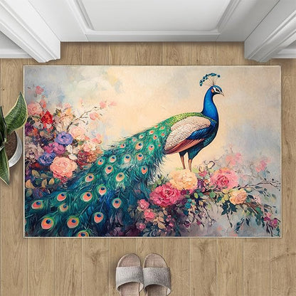 Peacock Peony Rug 3x4-3x4 Rug, Classic Peacock Peony Area Rugs for Bedroom, Teal Turquoise Rugs for Living Room, Peafowl Washable Mat, Malachite Green Feather Carpet - Peafowl Home Decor & Gifts