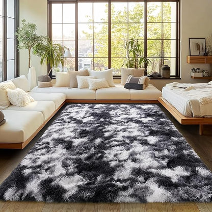 Plush Rug for Living Room Shaggy Area Rug High Pile Fuzzy Rug Non-Slip Indoor Floor Carpet Plush Area Rugs for Living Room Tie Dye Black White 5x7