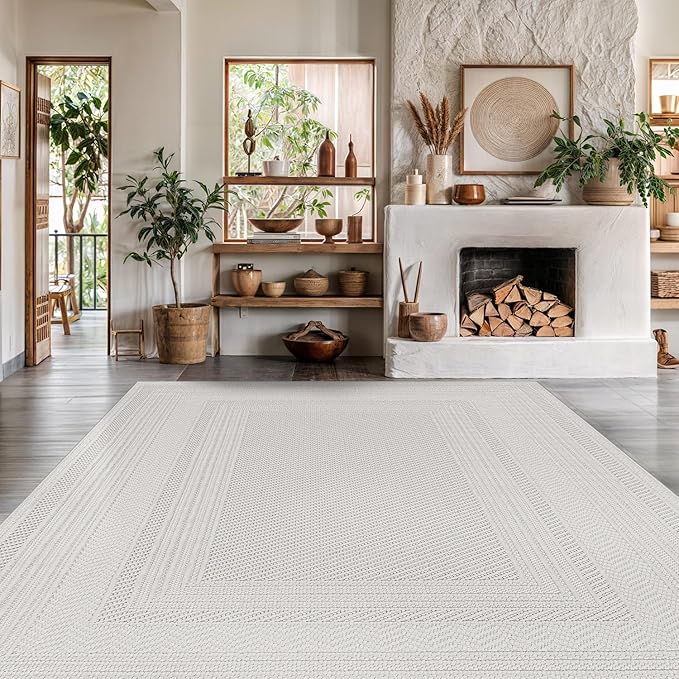Micro Loop Indoor Rug White 8x10 Boho Geometric Neutral Area Rugs for Living Room Soft Luxury Modern Low and High Pile Durable Stain Resistant Non-Shedding Indoor Area Carpet 8 x 10