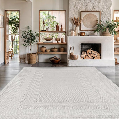 Micro Loop Indoor Rug White 6x9 Boho Geometric Neutral Area Rugs for Living Room Soft Luxury Modern Low and High Pile Durable Stain Resistant Non-Shedding Indoor Area Carpet 6 x 9
