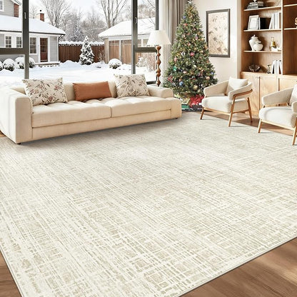 9x12 Area Rugs for Living Room, Washable Large Area Rug Neutral Modern Abstract Bedroom Rug Soft Non Slip Low Pile Stain Resistant Indoor Carpet for Kids Playroom Dining Room Office(Beige, 9'x12')