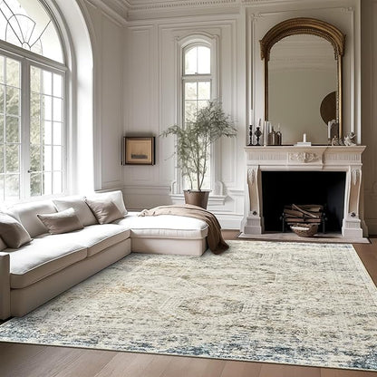 Washable Area Rug 8x10, Large Soft Rugs for Living Room Vintage 8x10 Area Rugs for Bedroom Dining Room Non-Slip Stain Resistant Under Table Blue Ivory Rug