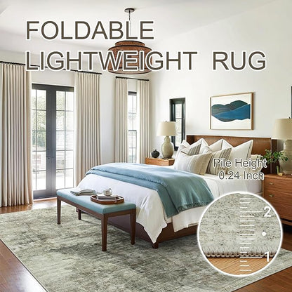 Area Rug 6x9 Abstract Living Room Washable Rugs Green Black Non Slip Low Pile Carpet for Bedroom Dining Room Foldable Thin