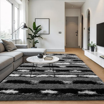 Zentavio Area Rugs for Living Room Large Rugs for Bedroom 5x8 Carpet Fluffy Fuzzy Soft Shag Aesthetic Plush High Pile Throw Rug for Nursery Kids Room Dorm Vertical Stripes Black White