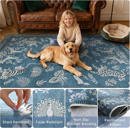 Moynesa Animal Area Rugs 5x7, Washable Luxurious Vintage Boho Blue Area Rug for Bedroom Living Room Dining Room Office Playroom, Farmhouse Low Pile Soft Non-Slip Carpets for Indoor