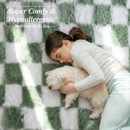 6x9 Area Rugs for Living Room Bedroom, Soft Fluffy Shaggy Bedside Rug, Indoor Floor Carpet for Kids Playroom, Dorms, Nursery Rooms, Home Decor (Green & White 6'x9')