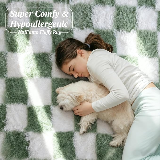 5x7 Area Rugs for Living Room Bedroom, Soft Fluffy Shaggy Bedside Rug, Indoor Floor Carpet for Kids Playroom, Dorms, Nursery Rooms, Home Decor (Green & White 5'x7')