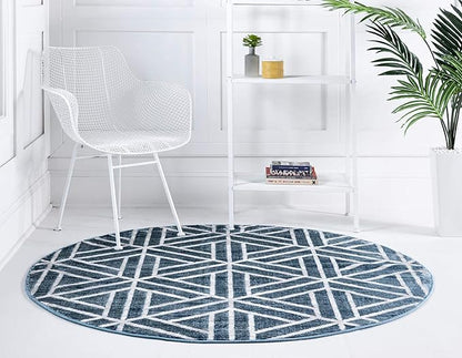 Rugs.com Lattice Trellis Collection Rug – 5 Ft Round Blue Low-Pile Rug Perfect for Kitchens, Dining Rooms