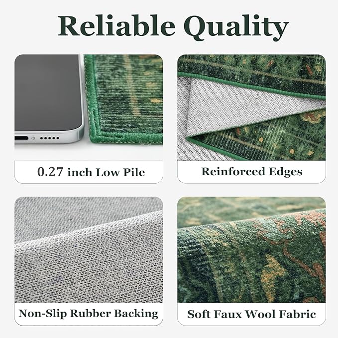 Dark Green Tranditonal 6x9 Area Rugs for Living Room, Vintage Distressed Medallion Printed Low Pile Thin Rugs for Bedroom, Washable Non Slip Soft Carpet for Dining Room Home Office Guest Room