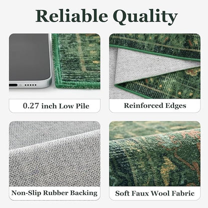Green Medallione 6x8 Area Rugs for Living Room, Low Pile Thin Washable Non Slip Rugs for Bedroom Dining Room, Vintage Distressed Carpet for Home Office Guest Room
