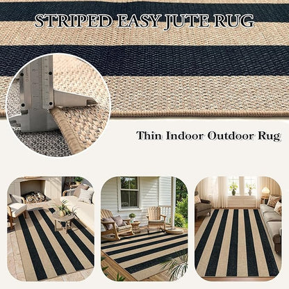 Lahome Striped Easy Jute Outdoor Rug 5x7, Large Neutral Dining Living Room Rug, Farmhouse Non Slip Non Shedding Washable Indoor Outdoor Black Carpet for Office Deck Patio Backyard Bedroom