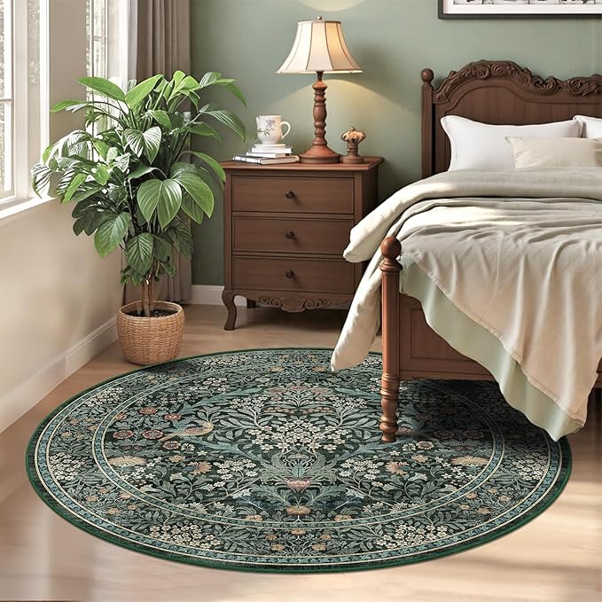 4ft Round Area Rugs for Living Room, Washable Floral Circle Rug Non Slip Low Pile, Vintage Boho Botanical Birds Throw Carpet for Farmhouse, Bedroom, Dining Room, Retro Green/Blue