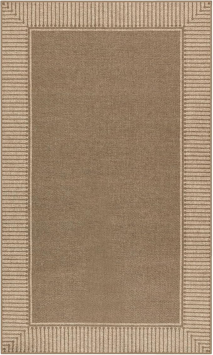 Moynesa Brown Striped Border Easy Jute Indoor Outdoor Entryway Rug 3x5, Washable Patio Rug Non Slip with Rubber Backing, Farmhouse Modern Carpet for Balcony Backyard Bedroom Living Room Dining Room