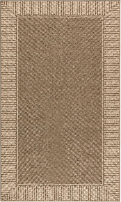 Moynesa Brown Striped Border Easy Jute Indoor Outdoor Entryway Rug 3x5, Washable Patio Rug Non Slip with Rubber Backing, Farmhouse Modern Carpet for Balcony Backyard Bedroom Living Room Dining Room