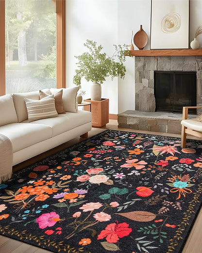 Boho Washable Area Rug 5x7 – Floral Low Pile Non-Slip Carpet for Living Room, Bedroom, Office, Playroom, Entryway, Kitchen, Dining Room (Black)