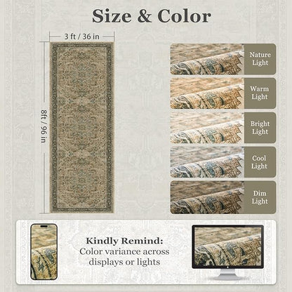 Retro 3x8 Rug Runners for Entryway Non Slip, Distressed Medallion Carpet Runners for Hallway 8ft, Low Pile Thin Runner Rug Non Slip Washable for Kitchen/Foyer/Mudroom/Bedroom, Multi Brown/Olive