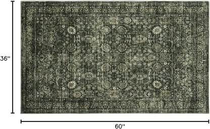Morebes Vintage Throw Rugs, 3x5 Washable Rug Non Slip, Soft Area Rug for Bedroom, Distressed Non-Shedding Floral Rug for Entryway Bathroom Kitchen Foyer Bedside Playroom Christmas Decor,Dark Green