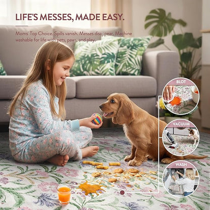 Lahome Purple Floral 9x12 Area Rug, Machine Washable Low Pile Nursery Girls Rug, Non-Slip Thin Carpet for Playroom Kids, Soft Boho Mat for Women Bedroom Decor