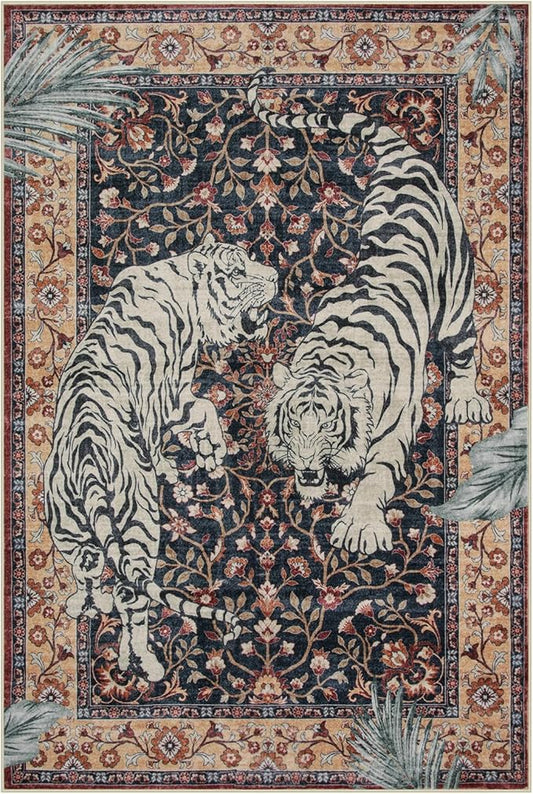 Moynesa Tiger Washable Area Rug, Boho 6x9 Rug for Living Room, Vintage Large Soft Bedroom Rug, Non Slip Ultra Thin Stain Resistant Floor Carpet for Dining Room Home Office, Puce Red