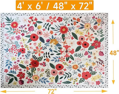 Floral Rug 4x6 Vintage Print Rug Washable Low Pile Living Room Non Slip Carpet for Bedroom, Farmhouse, Dining Room