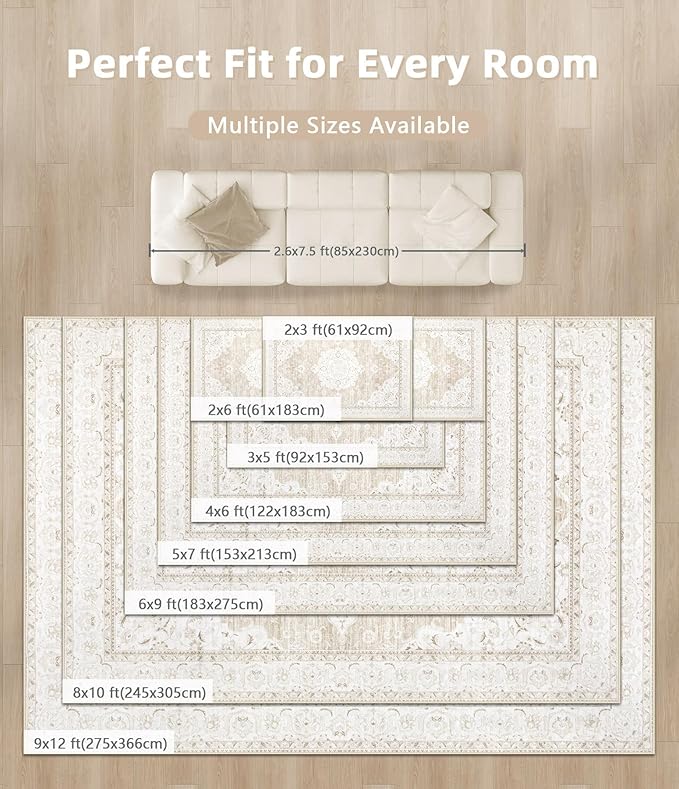 Vintage Living Room Area Rug - 9x12 Large Machine Washable Boho Moroccan Rug Distressed Farmhouse Rugs for Bedroom - Soft Non-Slip Indoor Carpet for Dining Room Office Nursery(Boho Beige, 9'x12')
