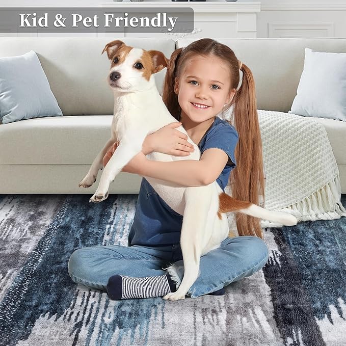 Ciicool 2'6"x8' Washable Runner Rug, Modern Abstract Hallway Rugs Runner, Non-Slip Thin Accent Rug Lightweight Navy Grey Print Distressed Carpet for Laundry Entryway Bedroom Kitchen Indoor