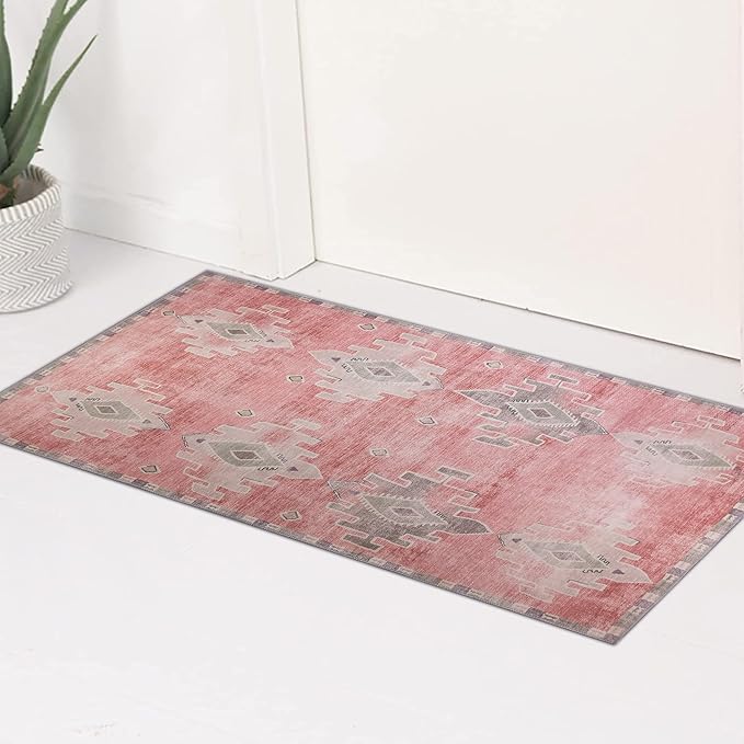 Fame Rugs Turkish Rug. Washable Vintage Oriental Antique Inspired Traditional Doormat Small Modern Area Rugs Luxury Entryway Entry Bedroom Bathroom Kitchen (379PP, 2'5 x 13'1)