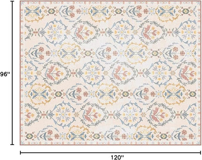 Phantoscope Washable Area Rug 8'x10' Non-Slip, Vintage Floral Boho Rugs for Living Room, Bedroom, DiningRoom, Soft Botanical Moroccan Pattern, Low-Pile Foldable Floor Carpet, Ivory Pink/Boho Garden