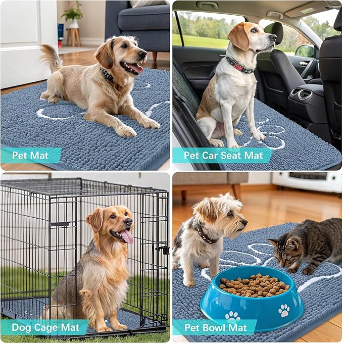 OLANLY Dog Door Mat for Muddy Paws 24x16, Paw Print Design, Absorbs Moisture and Dirt, Non-Slip Washable Doormat, Quick Dry Chenille Mud Mat, Entry Indoor Entryway Carpet, Airy Blue and White