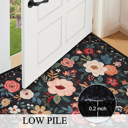 DUKINO 2x4 Rug for Entryway, Washable Kitchen Floral Runner Rug with Non Slip Backing, Low Pile Soft Boho Carpet for Kitchen, Hallway, Entryway, Laundry, Bedroom, Black
