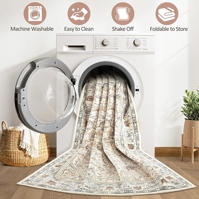 12x15 Area Rug Living Room: Washable Boho Large Neutral Vintage Soft Rug Stain Resistant Farmhouse Non Slip Indoor Floor Carpet for Bedroom Nursery Kids Playroom Office Dining Room- Cream Blue