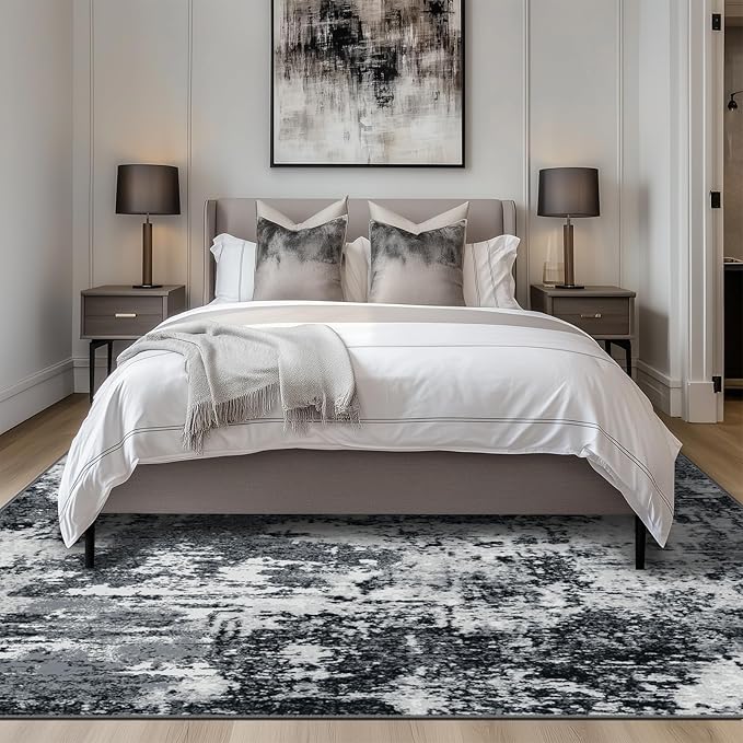 Washable Area Rugs 8'x10' Non-Slip Modern Abstract Soft for Living Room Entryway Bedroom Nursery, Print Pattern, Black Gray